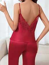 preiswerte Damen Nachthemden und Sleepshirts-Damen Schlafanzug Schlafanzug Set Einfach Lässig Einfarbig Spitze Elastischer Bund Hose Täglich Heim Urlaub Ärmellos Träger Schwarz Rosa Rote Beige Sommer Frühling Normale Passform