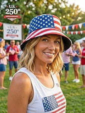  Женская патриотическая панама из полиэстера с широкими полями и принтом, идеально подходящая для празднования 250-летия США, Дня независимости, повседневной носки и путешествий.