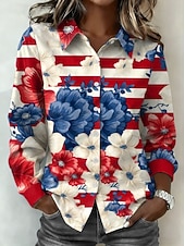  Día de la Independencia Camiseta para Mujeres Americana Botones Impresión Gráfica Aniversario de América Vintage Elegante Moderna de Manga Larga Cuello Cuello Regular Tops Diarios Negro Rojo Celeste