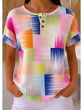 abordables T-shirt rayé et géométrique-Tops en tricot texturé en gaufre pour femmes T-shirt dégradé graphique géométrique élégant classique à manches courtes col rond Henley hauts réguliers sports quotidiens noir et blanc vert clair kaki