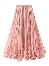 cheap Party Skirts-Women's Vacation Skirt Elegant Fashion Cute Casual Maxi Mid Rise Skirts Plain Elastic Waist Layered Mesh Micro-elastic Daily Vacation Apricot Black Pink Wine Summer