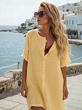 levne Základní falešné košile-Dámské Košile Halenka Imitace bavlny a lnu Knoflíky Bez vzoru Aktivní stylové Krátký rukáv Tričkový Běžné topy Denní Dovolená Jdeme ven Bílá Žlutá Růžová Léto Jaro