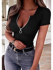 preiswerte Einfarbiges T-Shirt-Damen Rippstricktops T Shirt Eng anliegender Top Frontreißverschluss Stilvoll Sexy Kurzarm V Ausschnitt Normale Oberteile Täglich Ausgehen Outfits für die Verabredung am Abend Schwarz Wein Rote Grau