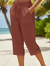 billiga Botten-Dam Shorts i bomullslinne Capribyxor Kinesiska Sommarshorts Streetwear Grundläggande Ledigt Vadlängd Medium Midja Slät Snörning Ficka Bekväm Elastisk Dagligen Utomhus Gata Blå Vit Rodnande Rosa Orange