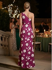 cheap Sheath Evening Dresses-Sheath Column Floor Length Print Dress Evening Gown Prom Dresses Evening Gown Ball Gown Formal Dress Elegant Vintage Sleeveless One Shoulder Garden Party Wedding Satin with Floral Print