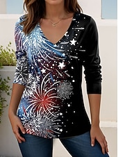  día de la independencia americana Mujer Camiseta Estampado Graphic Bandera estadounidense Vintage Elegante Clásico Manga Larga Escote en Pico Tops regulares Diario Fin de semana Negro Blanco Rojo