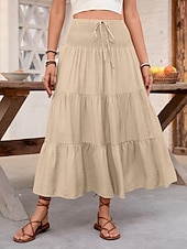 billige Vanlige skjørt-Dame Ferieskjørt Mote Fritid Midi Høy Midje Skjørt عادي Rynket Snorer Mikroelastisk Daglig Gate Kakifarget Sommer Nylon Viskose