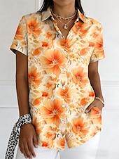 tanie Kwiatowe bluzki-Damskie Koszula Guziki Nadruk Kwiaty Graficzny Zabytkowe Elegancki Nowoczesny Krótki rękaw Kołnierzyk koszuli Zwykłe topy Codzienny Niebieski Czerwony Fioletowy Pomarańczowy Lato Wiosna