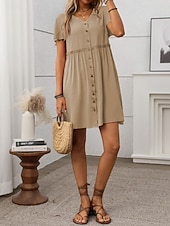 baratos Vestido branco-Mulheres Minivestido vestido de praia Vestido casual Elegante Moda Moderno Ao ar livre Férias Para Noite Normal Tecido Manga Curta Decote V Preto Vinho Azul Marinha Verde Verão Primavera