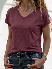 economico T-shirt semplice-Per donna Maglietta Elegante Classico Manica Corta Scollo a V Top Regolari Quotidiano Uscire Weekend Nero Bianco Vino Blu marino Verde Estate Primavera