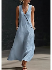 abordables Robes décontractées-Robe longue en coton et lin pour femme, robe d'été, robe trapèze, robe cintrée et évasée, robe de vacances décontractée, style bohème, robe de plage décontractée, robe de soirée ample, robe unie sans