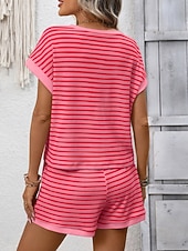 cheap Women's Blouse Suits-Women's Two Piece Sets Shorts Sets Short Sleeve Crew Neck Striped Fashion Streetwear Casual Daily Outdoor Black Pink Dark Pink Summer Regular Fit
