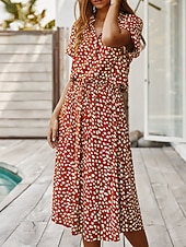 billige Uformelle blomsterkjoler-Dame Midikjole Uformell kjole Floral kjole Elegant Mote Moderne utendørs Feriereise Ut på byen Normal Blomstret Kortermet V-hals Blå Hvit Gul Navyblå Sommer Vår