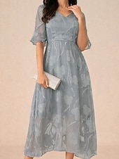 ieftine Rochii florale elegante-Pentru femei Rochii Midi Rochie A line Elegant Cu Mâneci Largi Zilnic Vacanță Invitat la nunta Cu Șiret Bufantă Fit regulat Floral Manșon scurt În V Cenusiu
