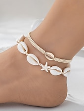 baratos Acessórios de férias-Conjunto de tornozeleiras femininas estilo boêmio com conchas, multicoloridas, ajustáveis, perfeitas para férias na praia e uso casual no dia a dia.