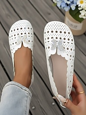 baratos Sapatilhas de mulher-Sapatos femininos brancos de bico largo com borboleta de strass – mocassins vazados macios e respiráveis para uso casual, viagens e dia a dia.