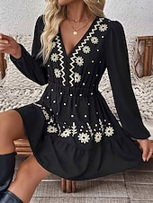 preiswerte Lässige Blumenkleider-Damen Minikleid Boho-Kleid Freizeitkleid Elegant Mode Modern Outdoor Urlaub Ausgehen Normale Passform Blumen Langarm V Ausschnitt Schwarz Wein Rote Grün Sommer Frühling