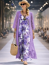 abordables Vestido Floral-Mujer Conjunto de vestido Vestido de una línea Elegante Vacaciones Floral Graphic Multi capa Estampado Vestido maxi Manga 3/4 Escote en Pico Diario Fiesta Azul Piscina Rosa Morado Verano Primavera