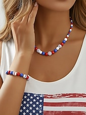  Patriotisches Acryl-Schmuckset für Damen: Halskette und Armband, mehrfarbiger Schmuck in Rot, Weiß und Blau mit Perlen, ideal für die Feierlichkeiten zum 250. Jahrestag der USA, den Unabhängigkeitstag und den Alltag.