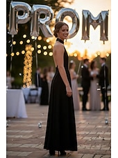 cheap Long Dresses &amp; Gowns-A-Line Floor Length Prom Dress Wedding Guest Dress Evening Gown Prom Dresses Elegant Sleeveless Halter Neck Prom Formal Linen Backless with Solid Color