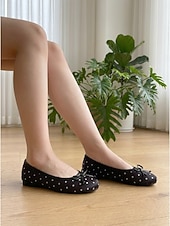 preiswerte Ballerinas für Damen-Schwarze Damen-Ballerinas mit Polka-Dots – klassische, runde Slipper zum Hineinschlüpfen mit Schleifenverzierung für Büro und Alltag &amp;Freizeitkleidung