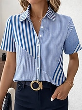 voordelige Strepen- en Geometrische Blouses-Dames Overhemd Knop Afdrukken Grafisch Geometrisch Vintage Stijlvol Modern Korte mouw Overhemdkraag Normale tops Dagelijks Kantoor blauw Blozend Roze Paars Groen Zomer Lente