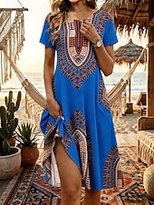 abordables Robe Boho de Vacances-Femmes Robe Longueur Genou Robe bohème Robe de Plage Robe d'été ancien Gothique Quotidien Plage Week-end Coupe régulière Fleuri Manche Courte Col ras du cou Bleu Jaune Orange Vert Été Printemps