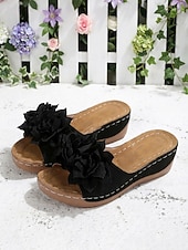 economico Infradito scivolosi-sandali da donna con zeppa verde e dettagli floreali – comode scarpe estive aperte per l'uso casual, quotidiano e in giardino