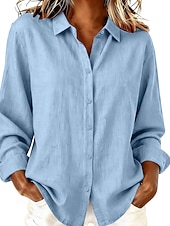 abordables Blusas Sencillas-Mujer Blusa Camisa de lino sintético Botones Color sólido Diario Casual Manga Larga Escote en Pico Tops regulares Diario Azul Piscina Blanco Amarillo Rosa Gris Verano Primavera Otoño