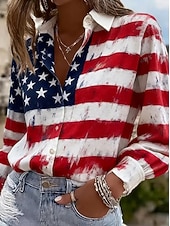  Ημέρα Αμερικανικής Ανεξαρτησίας Γυναικεία Πουκάμισο Κουμπιά Στάμπα Γραφική 250ή επέτειος των Ηνωμένων Πολιτειών Βίντατζ Στυλάτο Μοντέρνα Μακρυμάνικο Κολάρο Πουκαμίσου Κανονικά μπλουζάκια Καθημερινά