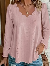 abordables Blusas Elegantes-Mujer Camisa de punto Parte superior con ojales Blusa Ahuecado Plano Activo Casual Manga Larga Escote en Pico Tops regulares Casual Diario Playa Azul Piscina Negro Blanco Rosa Verde Trébol Verano