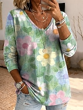 economico T-shirt floreale-Per donna Maglietta Stampato Floreale Grafico Piante Vintage Elegante Classico Manica Lunga Scollo a V Top lunghi Quotidiano Rosa Chiaro Verde chiaro Beige Rosa Estate Primavera