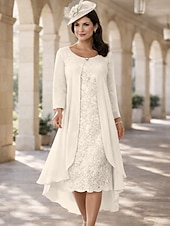 baratos Conjuntos de vestidos para mamãe-Duas Peças Linha A Longuette Vestido de convidada de casamento Vestido Para Mãe dos Noivos Manga Curta Decorado com Bijuteria Elegante Tamanhos Grandes Convidado do casamento Festa de Casamento