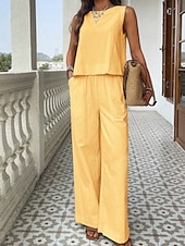 tanie Zestawy-Damskie Komplety lniane bawełniane Zestawy dwuczęściowe Zestawy spodni Bez rękawów Półgolf Równina Moda Moda miejska Codzienny Na zewnątrz Urlop Biały Żółty Khaki Lato Regularny