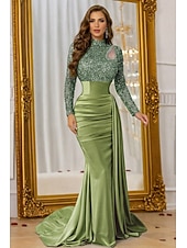 billiga Ballgowns för kvällsbruk-Sjöjungfru trumpet Svepsläp Telång Kvälls klänningar Balklänning med överkjol Formell klädsel Elegant Sidoslits Silkig Långärmad Hög hals Formell Satäng Paljetter med Pärldetaljer Paljett