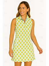 baratos Vestido Feminino-Mulheres Geométrica Vestido de tênis vestido de golfe Vestido sem mangas Sem Manga Zíper Proteção UV Elástico Respirável Tênis Golfe Badminton Colarinho polo Vestidos Amarelo Azul Roxo Roupas de tênis