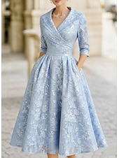 abordables Longueur du thé-Ligne A Longueur thé Robe d'invité de mariage Robe de Mère de Mariée  Manche 3/4 Revers Élégant ancien Éclat &amp; Brillance Formel robe demoiselle d honneur Kentucky Derby Chiffon Jacquard avec Imprim