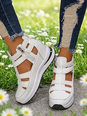 Χαμηλού Κόστους Αθλητικά Σανδάλια-Γυναικεία λευκά σανδάλια με κοψίματα, casual παπούτσια για περπάτημα με κρυφό τακούνι και φερμουάρ για υπαίθριο περπάτημα, ταξίδια &amp;καθημερινή χρήση