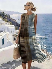 Χαμηλού Κόστους Ριγέ και Γεωμετρικά Φορέματα-Γυναικεία Μίντι φόρεμα Φόρεμα ριχτό Φόρεμα για τον ήλιο Φόρεμα σε γραμμή Α Διακοπές Καθημερινό Μπόχο Παραλία Εξόδου Χαλαρή Εφαρμογή Γραφική Γεωμετρικό Αμάνικο Λαιμόκοψη