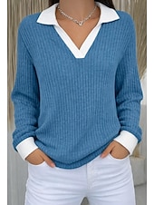 preiswerte Einfarbiges T-Shirt-Damen Rippstricktops T Shirt Falscher Zweiteiler Kontrastfarben Stilvoll Lässig Langarm V Ausschnitt Hemdkragen Normale Oberteile Täglich Ausgehen Schwarz Pudriges Rosa Staubiges Blau Khaki Leicht