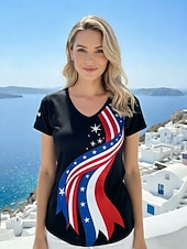  día de la independencia americana Mujer Camiseta Estampado Graphic Bandera estadounidense Elegante Clásico Casual Manga Corta Escote en Pico Tops regulares Diario Noche Azul Piscina Negro Verano