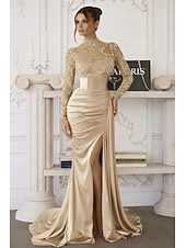 billiga Ballgowns för kvällsbruk-Sjöjungfru trumpet Svepsläp Telång Kvälls klänningar Balklänning med överkjol Formell klädsel Elegant Sidoslits Silkig Långärmad Hög hals Formell Satäng Paljetter med Pärldetaljer Paljett