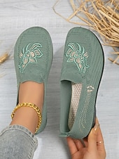 cheap Women's Flats-Women's Green Comfort Embroidered Knit Slip-on Shoes – Breathable Lightweight Casual Loafers for Travel, Home &amp; Daily Wear