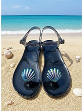 cheap Flat Sandals-Women's Vibrant Purple Jelly Sandals - Waterproof Summer Flip Flops with Iridescent Shell Decor for Beach Vacations, Poolside Parties &amp; Tropical Resort Wear