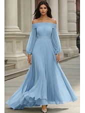 cheap A-Line Evening Dresses-A-Line Floor Length Evening Gown Wedding Guest Dresses Formal Dress Elegant Long Sleeve Off Shoulder Wedding Formal Chiffon with Pleats Ruched