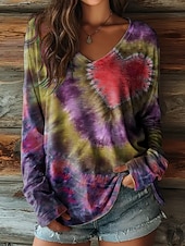 cheap Art&amp;Design tee-Women's T Shirt Print Heart Tie Dye Vintage Casual Boho Long Sleeve V Neck Regular Tops Daily Blue Yellow Red Purple Green Spring Fall