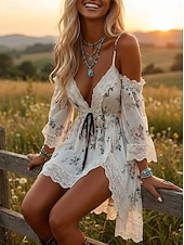 voordelige Westerse Boho Jurk-Dames Mini-jurk Boho-jurk Westerse kleding Modieus Dagelijks Vakantie Uitgaan Normale pasvorm Bloem Lange mouw V-hals Wit Zomer