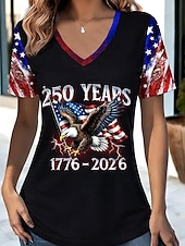  Koszulka damska z nadrukiem na Dzień Niepodległości Amerykańskiej Rocznicy Patriotycznej Stylowa Klasyczna Krótki rękaw V-kształtny Regularne Top Daily Czerwony Lato Wiosna