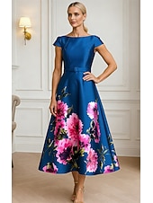 abordables Robes de cocktail-Ligne A Longueur cheville Robes de Cocktail Robes de soirée Fente Haute La mère de la mariée Manche Courte Bijoux Formel robe demoiselle d honneur Poche Satin avec Imprimé floral Poche