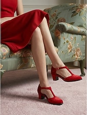 cheap 1950s Retro-Women's Vintage 1950s Red Velvet Mary Jane Shoes - Elegant T-Strap Block Heels with Round Toe for Retro Parties, Holiday Banquets &amp; Classic Daily Fashion